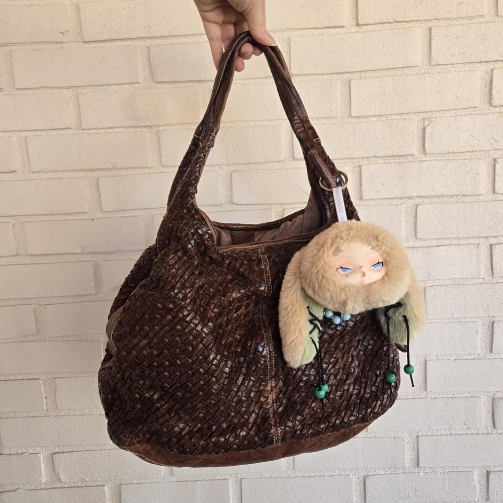 Vtg Brown Weaved Italian Leather slouchy shoulder bag Langellotti